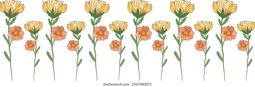 floral pattern,yellow and orange flowers,green stems. Represents spring,summer botanical,garden. for textile prints,wallpaper, backgrounds,website design,packaging,decoration,greeting card border