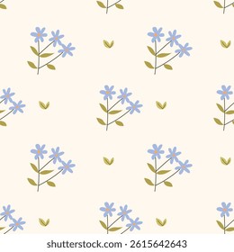 floral patterSeamless n with blue wildflowers and leaves on a soft cream background