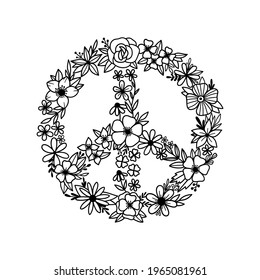 Floral peace symbol. Peace sign. Wildflowers in the shape of a symbol of peace. Peace symbol with flowers. Vector illustration. 