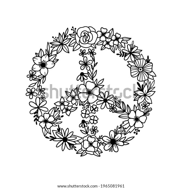 Floral peace symbol. Peace sign. Wildflowers in the\
shape of a symbol of peace. Peace symbol with flowers. Vector\
illustration. 