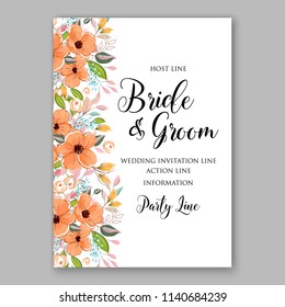 Floral peach orange anemone wedding invitation or bridal shower card vector template peony anemone rose