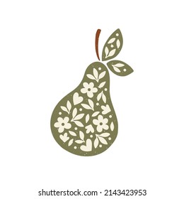 Floral pear hand drawn vector illustration. Fuit silhouette with flower. Juicy organic food drawing isolated on white background. Trendy modern print, home decor poster, kitchen decor.