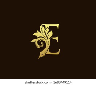 Floral Pen Gold E Letter Logo Icon Design.