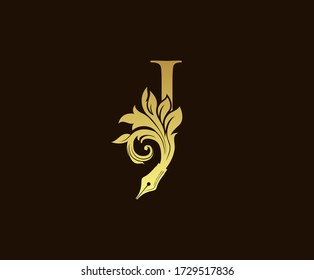 Floral Pen Gold J Letter Logo Icon Design.