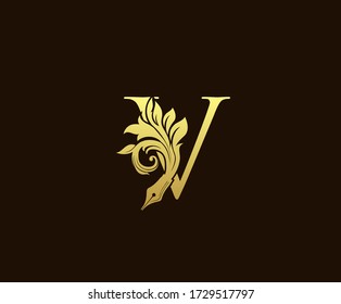 Floral Pen Gold V Letter Logo Icon Design.