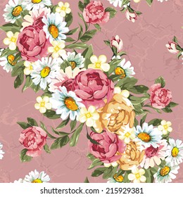 Floral peonies seamless pattern in vintage style. Beautiful vector texture