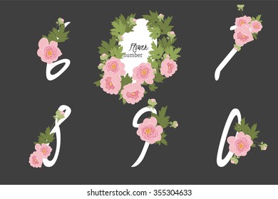 Floral  peony collection numbers in vintage color. Six, seven, eight, nine, zero- signs vector