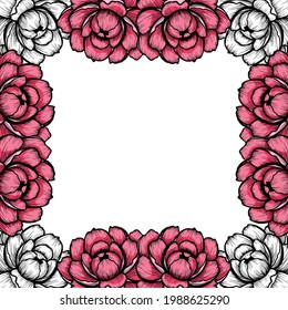 Floral Peony Frame Isolated On The White Background. Cute Flat Floral Wreath Perfect For Wedding Invitations And Birthday Cards