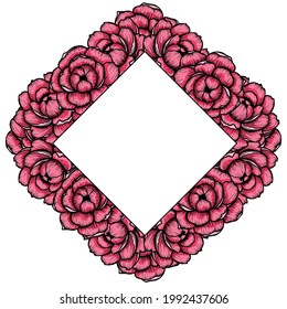 Floral Peony Frame Isolated On The White Background. Cute Flat Floral Wreath Perfect For Wedding Invitations And Birthday Cards