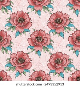 floral peony seamless layered background. vector illustration with pink flowers and leaves on soft pink backdrop