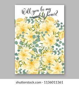 Floral peony sunflower yellow chrysanthemum wedding invitation vector printable card template Bridal shower bouquet flower marriage ceremony wording text