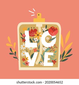 Floral perfume with the scent of love. Fragrance bottle with flowers concept. Hand drawn vector colorful funny cartoon style illustration for card, poster, postcard. 