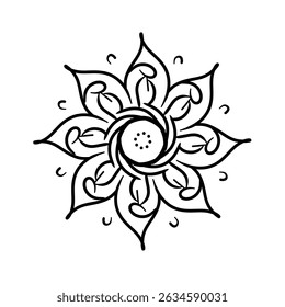 Floral Petal Mandala in Black Line Art Style for Coloring and Decoration