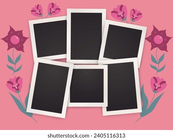 Floral photo frame mockups set. Valentines Day Photography album template. Spring empty image for memory. Blank realistic postcard for Woman and Mother. Vector scrapbook with flowers in flat style.