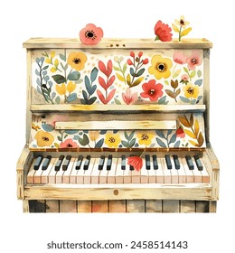 floral piano vector illustration in watercolor style