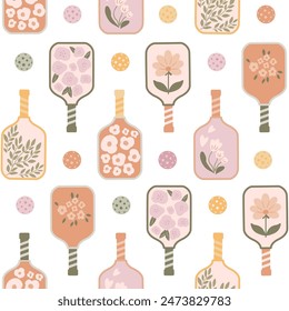 Floral pickleball paddles seamless pattern with balls, flowers. Vector summer game repeat background. Female tennis print in pastel colors, wallpaper, textile, fabric, wrapping paper.