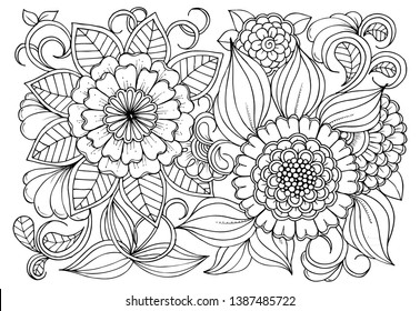 Floral picture in black and white  for adult coloring books. Coloring page of monochrome flowers and leafs. Doodles pattern