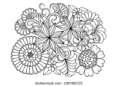 Floral picture in black and white  for adult coloring books. Coloring page of monochrome flowers and leafs. Doodles pattern
