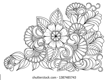 Floral picture in black and white  for adult coloring books. Coloring page of monochrome flowers and leafs. Doodles pattern