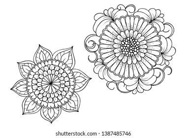 Floral picture in black and white  for adult coloring books. Coloring page of monochrome flowers and leafs. Doodles pattern
