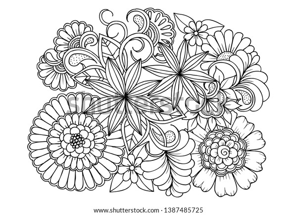 Floral Picture Black White Adult Coloring Stock Vector (Royalty Free ...