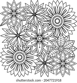 Floral picture in black and white for coloring books. Coloring page of monochrome flowers. Doodles pattern. Vector illustration. A set of blooming flowers.