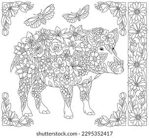 Floral pig. Adult coloring book page with fantasy animal and flower elements