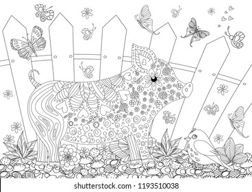 floral pig and bird for your coloring page