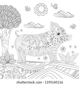 floral pig in nature for your coloring page