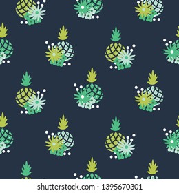 Floral pineapple fabric wallpaper seamless vector print. Blue and green background with tropical stylized fruit and flowers bouquet.