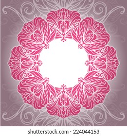 Floral pink background with a delicate hand drawn pattern and vignette
