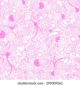 Floral pink background. Seamless texture with flowers and greenery. Flowers in contour. Elegance light pink background, vector.