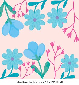 Floral pink background with spring flowers, colorful design, vector illustration
