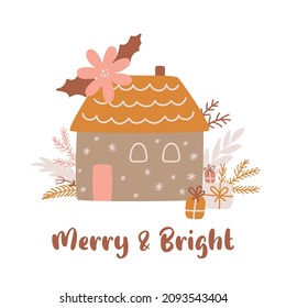 Floral pink Christmas house isolated on white. Hand drawn winter graphic element. Decorative home. Merry and bright text. New Year vector illustration. Cozy Christmas cabin, gifts, decor fir branch.