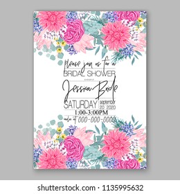 Floral pink chrysanthemum wedding invitation vector printable card template Bridal shower bouquet flower marriage ceremony wording text