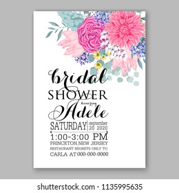 Floral pink chrysanthemum wedding invitation vector printable card template Bridal shower bouquet flower marriage ceremony wording text