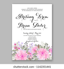 Floral pink dahlia chrysanthemum wedding invitation vector template Rose peony ranunculus flower greenery bridal shower invitation background