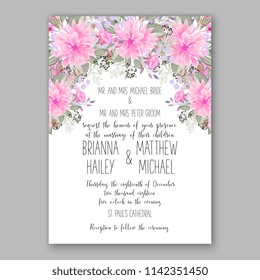 Floral pink dahlia chrysanthemum wedding invitation vector template Rose peony ranunculus flower greenery bridal shower invitation background