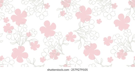 Floral pink flowers seamless pattern, hand drawn vector illustration