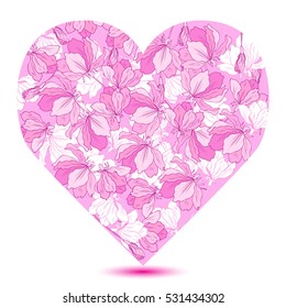 Floral pink heart, blossom apple flower hand drawn isolated, vector sakura line art, decorative background for greeting card valentine day, package design cosmetic, wedding invitation, beauty salon