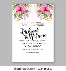 Floral pink hibiscus wedding invitation vector printable card Bridal shower bouquet wreath Aloha Hawaii Luau Tropical flower