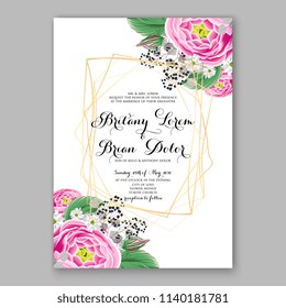 Floral pink ranunculus peony rose wedding invitation vector printable card template Bridal shower bouquet flower marriage ceremony wording text