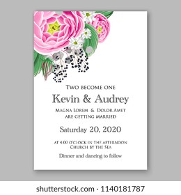 Floral pink ranunculus peony rose wedding invitation vector printable card template Bridal shower bouquet flower marriage ceremony wording text