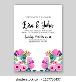 Floral pink rose tulip wedding invitation printable template card vector flower wreath for bridal shower invitation baby shower party anniversary