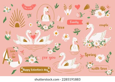 Floral pink swan set with pair of birds in love, phrases, princess, crown, flowers, frames, heart isolated elements. Cute cartoon goose bird for wedding, Valentines day. Vector illustration collection