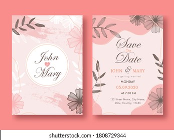 Floral Pink Wedding Invitation Card, Template Layout with Event Details in Front and Back View.