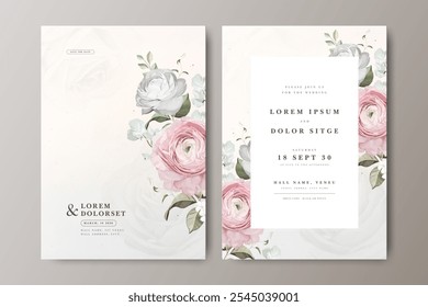 Plantilla de tarjeta de invitación de boda de acuarela de flor de ranúnculo rosa y blanco floral