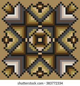 Floral pixel art pattern in dark colors on a light brown background. Stitching vintage decorative pillow. Vector illustration