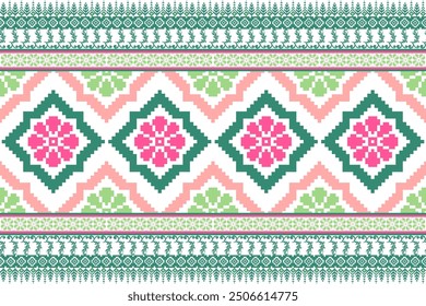 Floral pixel art pattern, Geometric ethnic tribal textile fabric, Vector seamless pixel art, cross stitch pattern.design for texture, Embroidery, Textile ornamentation, fabric, Hand stitched pattern, 