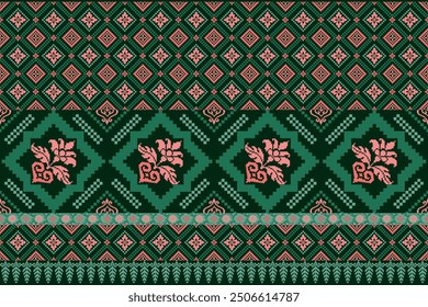 Floral pixel art pattern, Geometric ethnic tribal textile fabric, Vector seamless pixel art, cross stitch pattern.design for texture, Embroidery, Textile ornamentation, fabric, Hand stitched pattern, 